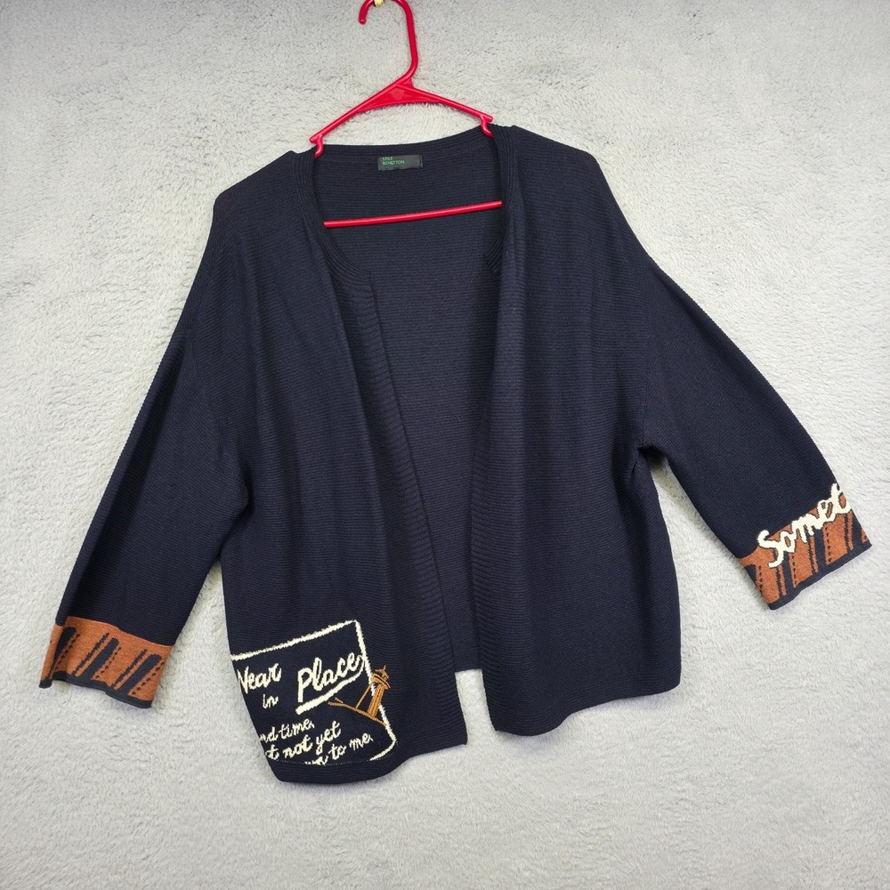Stile Benetton Cardigan Womens OS Blue Open Front Wool Preppy Nautical Sweater‎